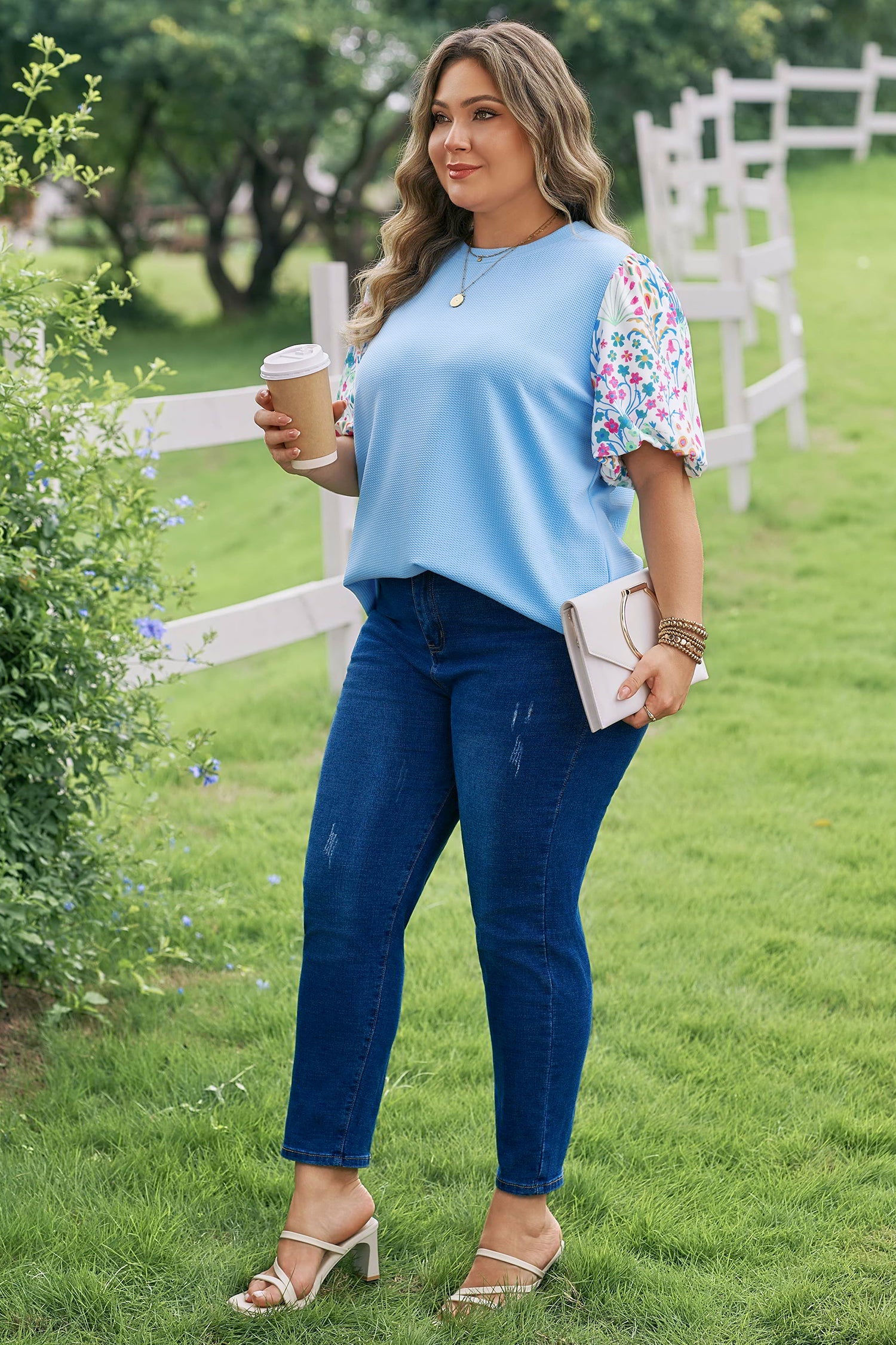 Raelynn Contrast Floral Sleeve PLUS Top Threaded Pear