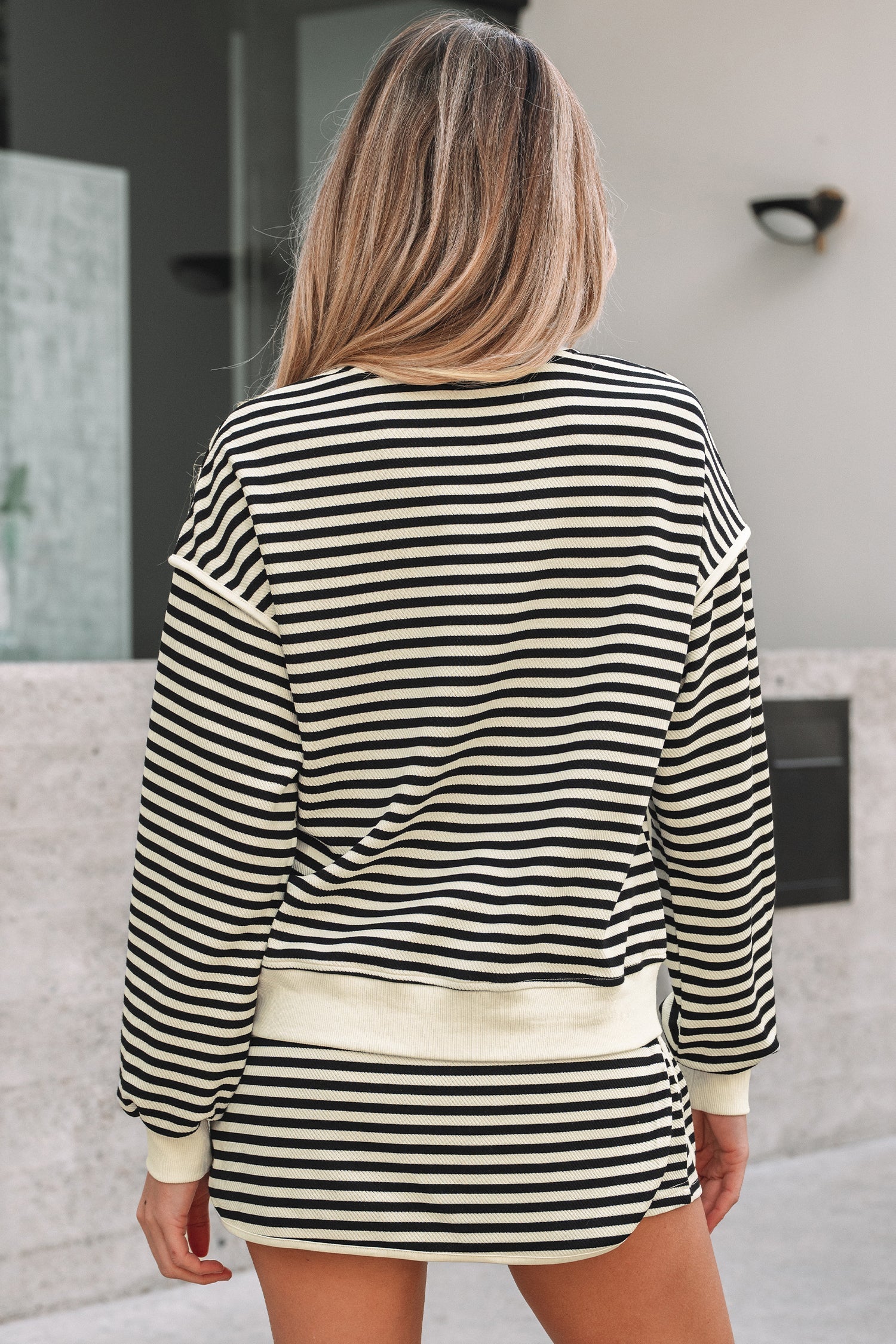 Black Stripe Textured Drop Shoulder Pullover Top Drawstring Mini Skirt Two Piece Dress Set Wild and Free Boutique