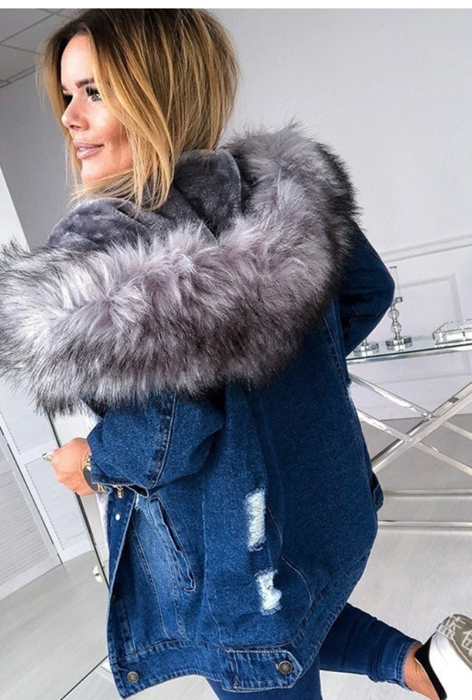 Ripped Denim Fleece Hooded Jacket