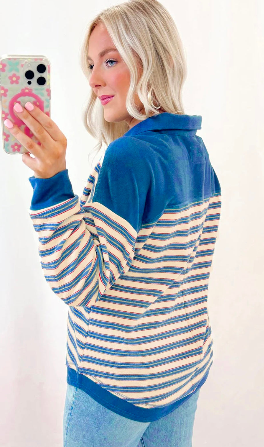 Stripe Buttoned V Neck Collared Top