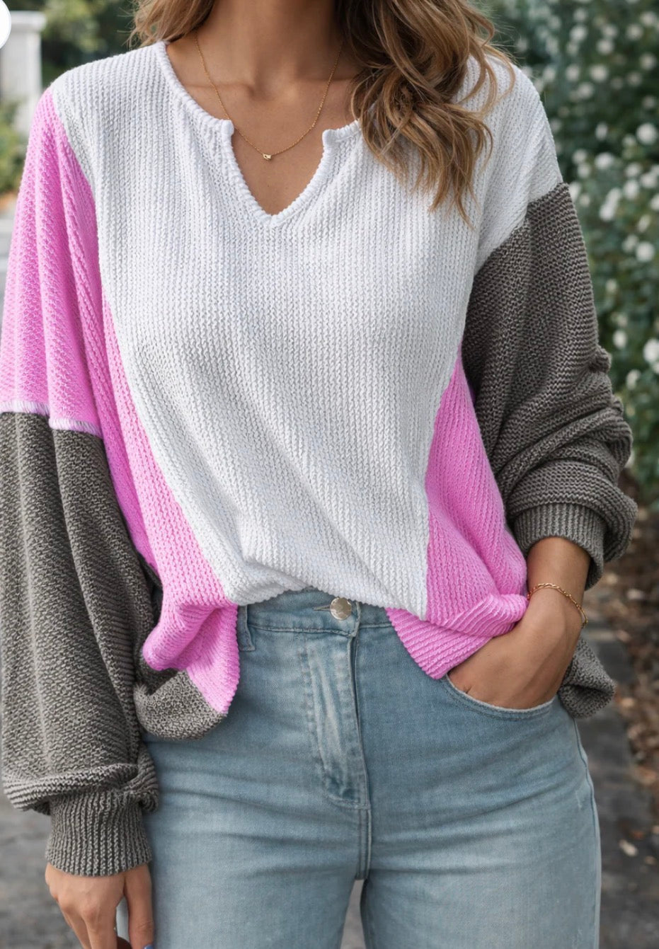 White Ribbed Colorblock Top