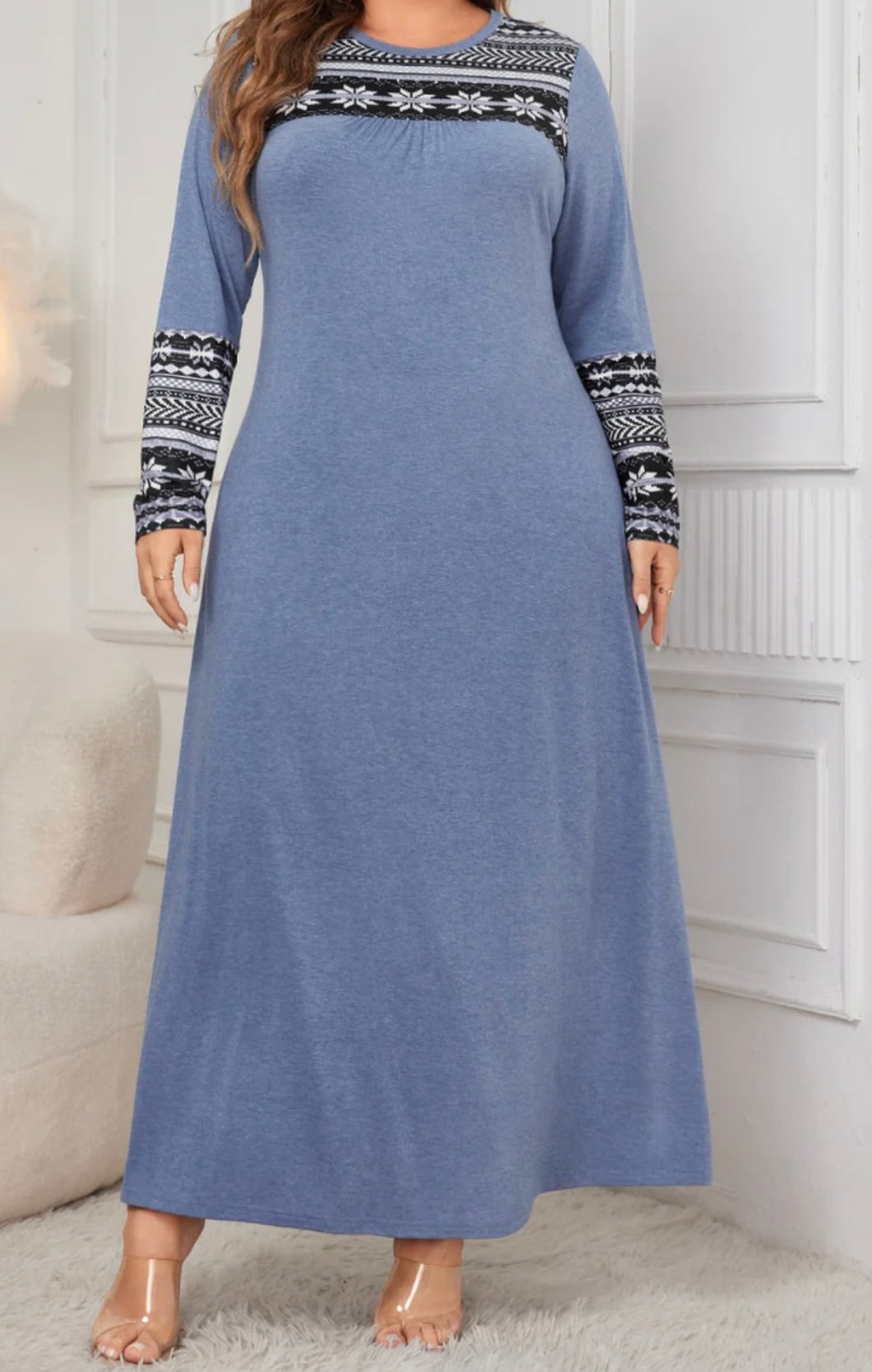 Plus Size Printed Round Neck Long Sleeve Dress