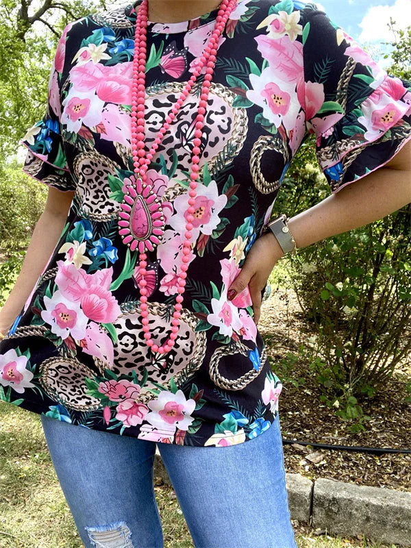 Leopard W Floral Chain black Top