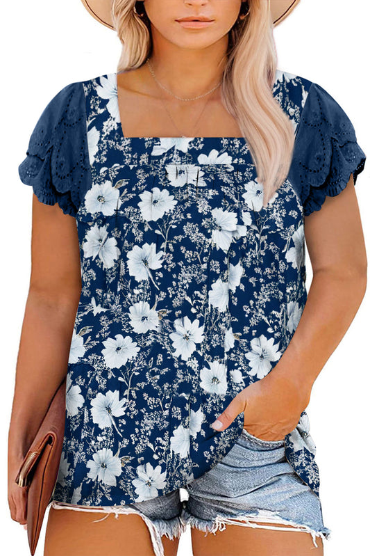Blue Floral Print Square Neck Lace Patchwork Sleeve Blouse