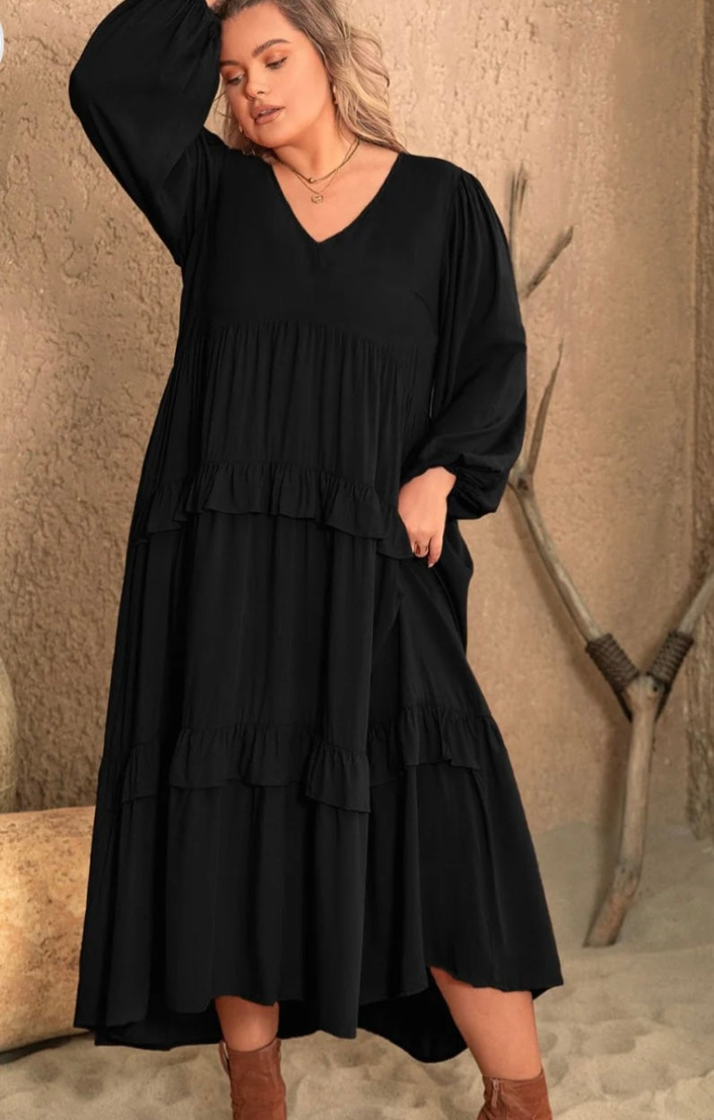 Plus Size Ruffled Vneck Long Sleeve Dress