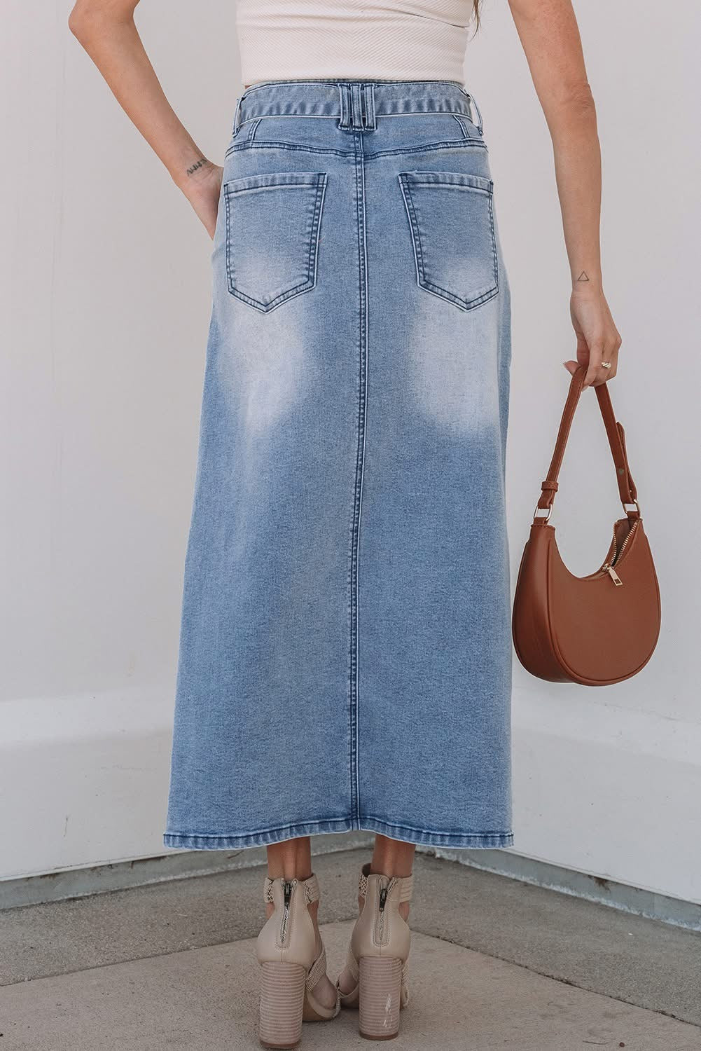 Dusk Blue Light Wash Belted Midi denim SKirt
