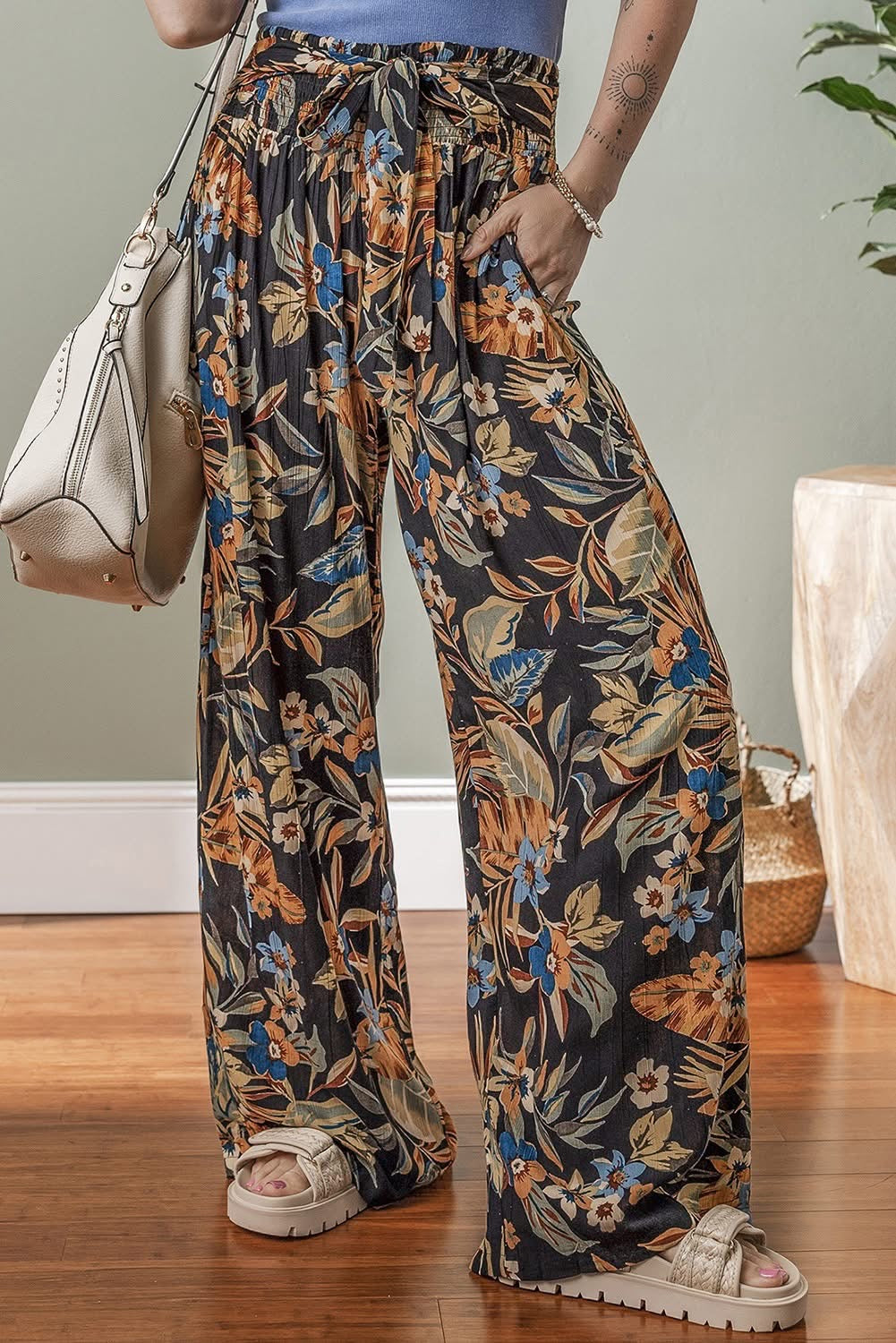 Multicolour Floral Shirred Pants with tie
