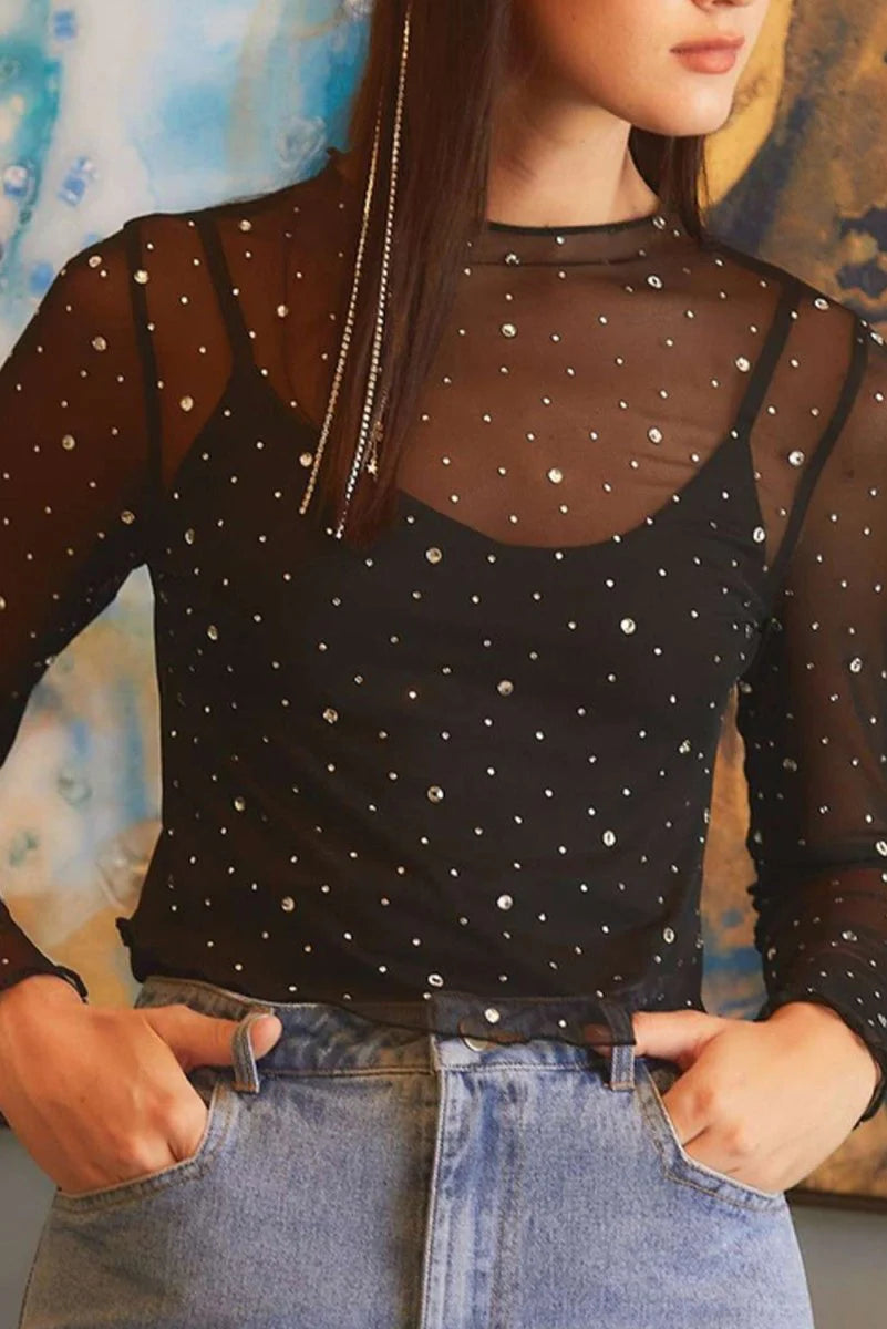 Shimmer & Slay Black Rhinestone Mesh Top