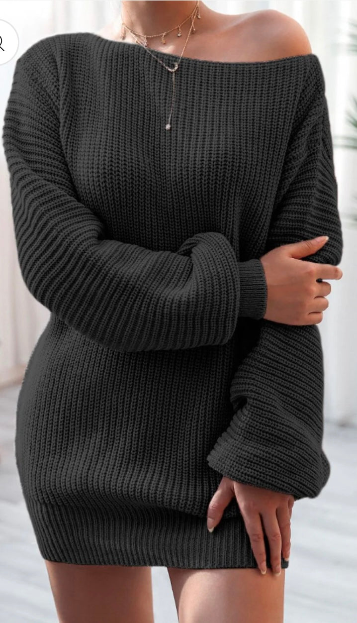 Boat Neck Long Sleeve Mini Sweater Dress