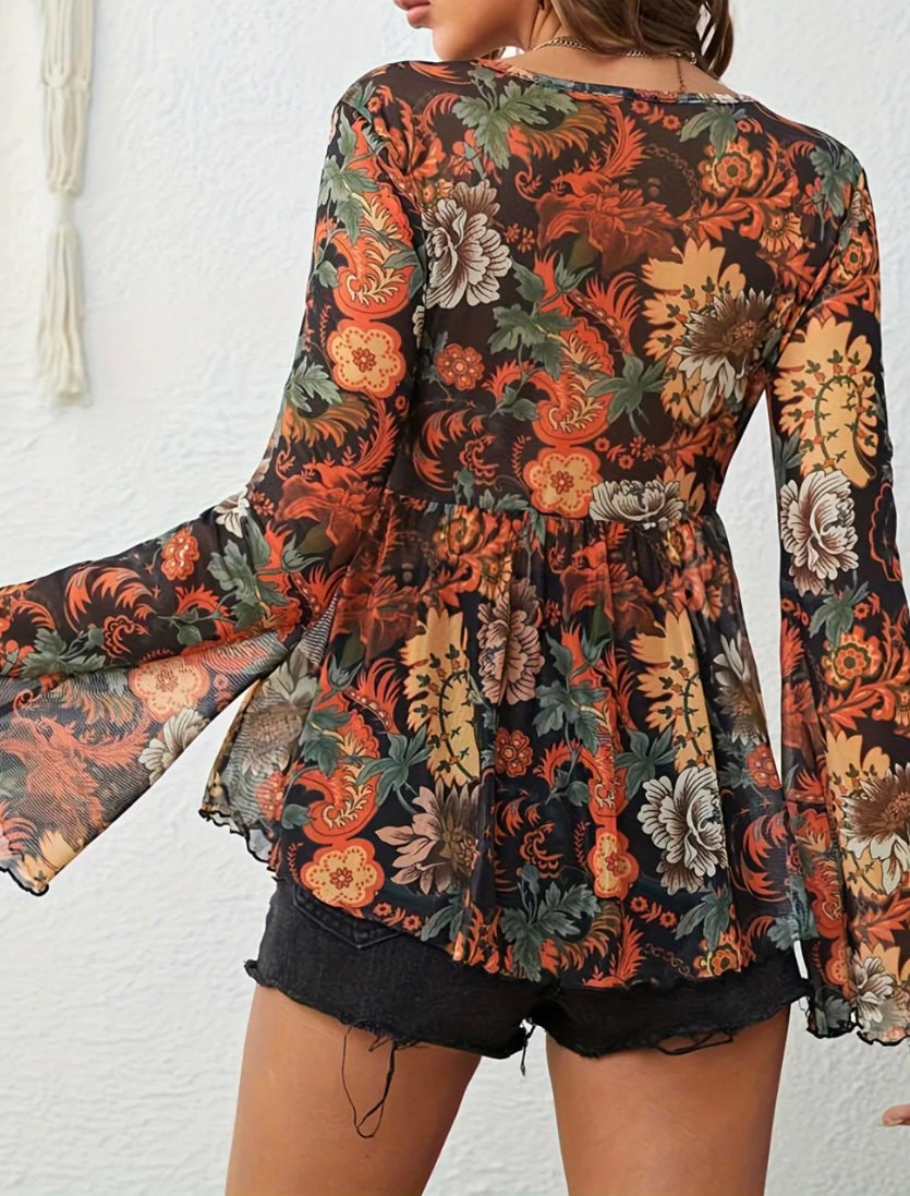 Printed V-Neck Flare Sleeve Top