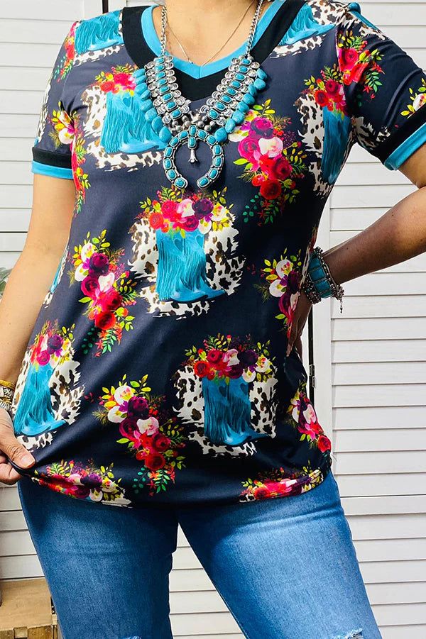 Turquoise Leopard Floral Print Top
