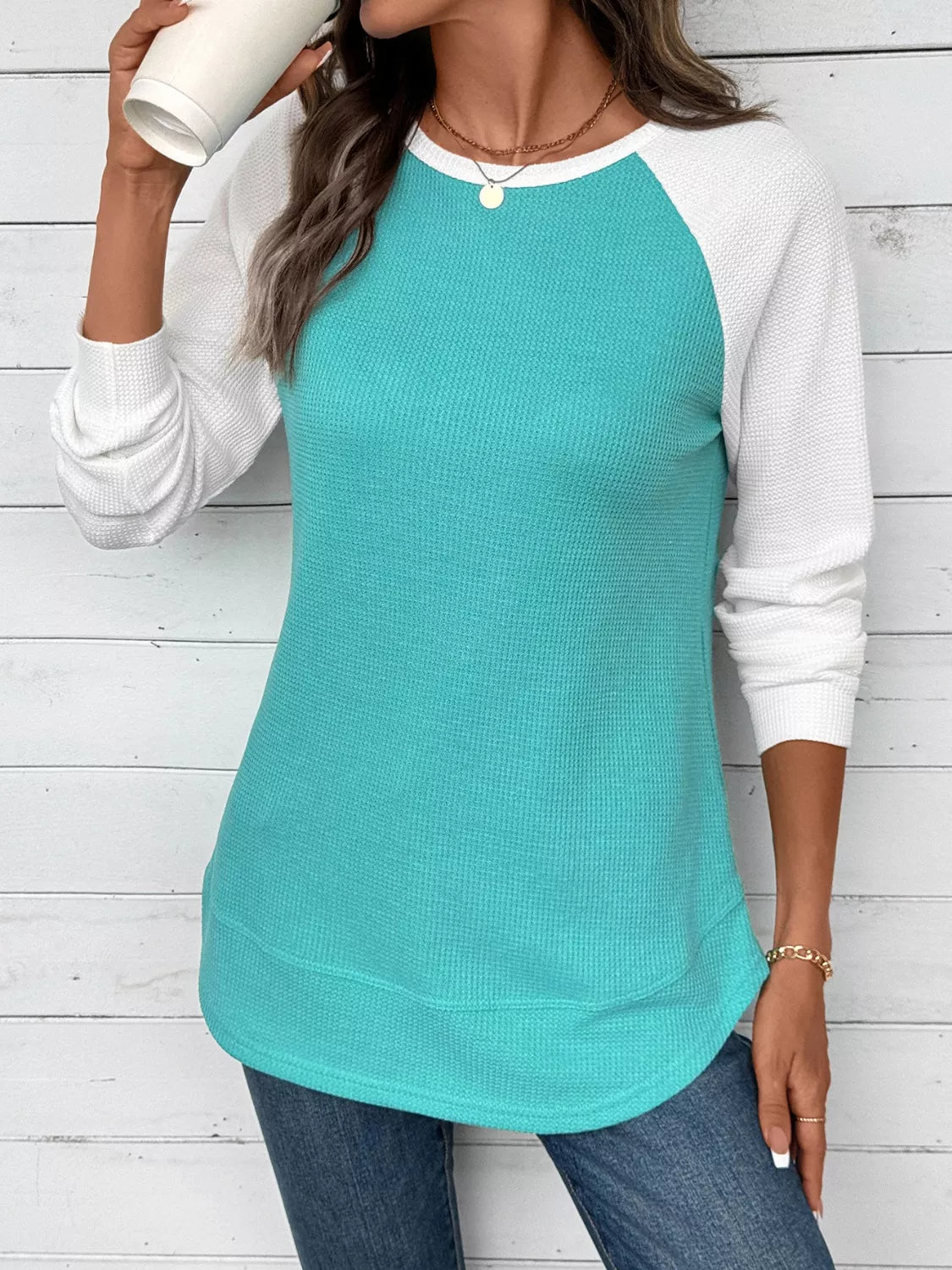 Waffle Knit Raglan Sleeve T-Shirt