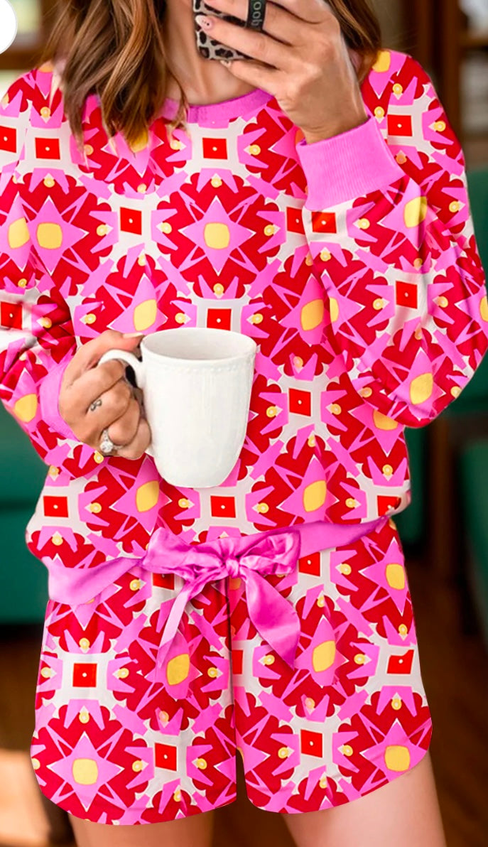 Geometric Round Neck Top and Shorts Set