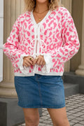 Leopard Print Tie Front Frilled Cuffs Drop Shoulder Sweater Cardigan