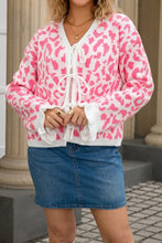 Load image into Gallery viewer, Leopard Print Tie Front Frilled Cuffs Drop Shoulder Sweater Cardigan
