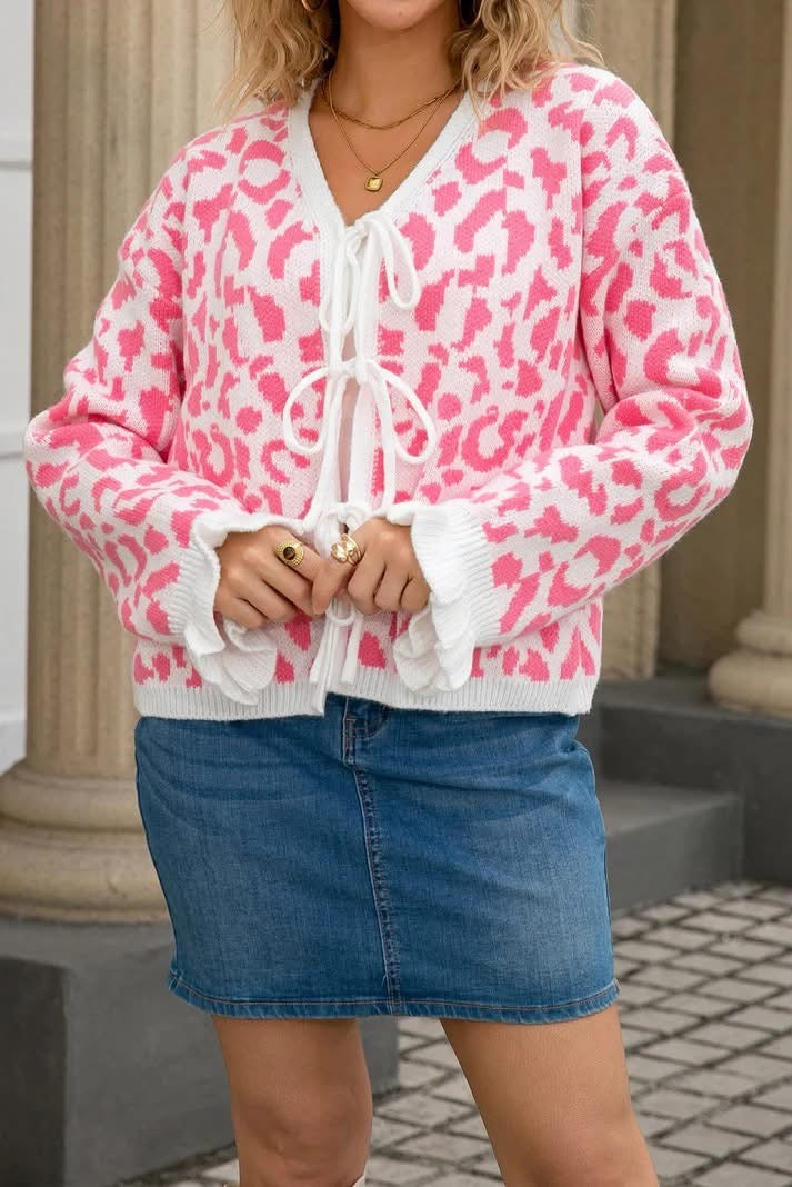 Leopard Print Tie Front Frilled Cuffs Drop Shoulder Sweater Cardigan