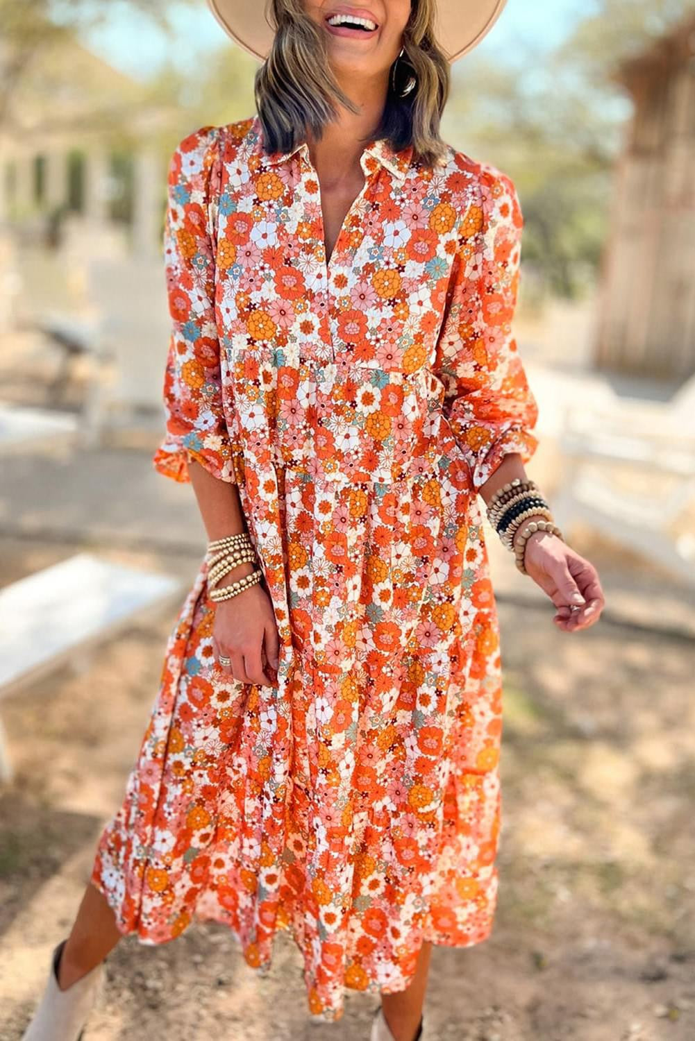 Boho Floral Collared Long Sleeve Ruffled Dress