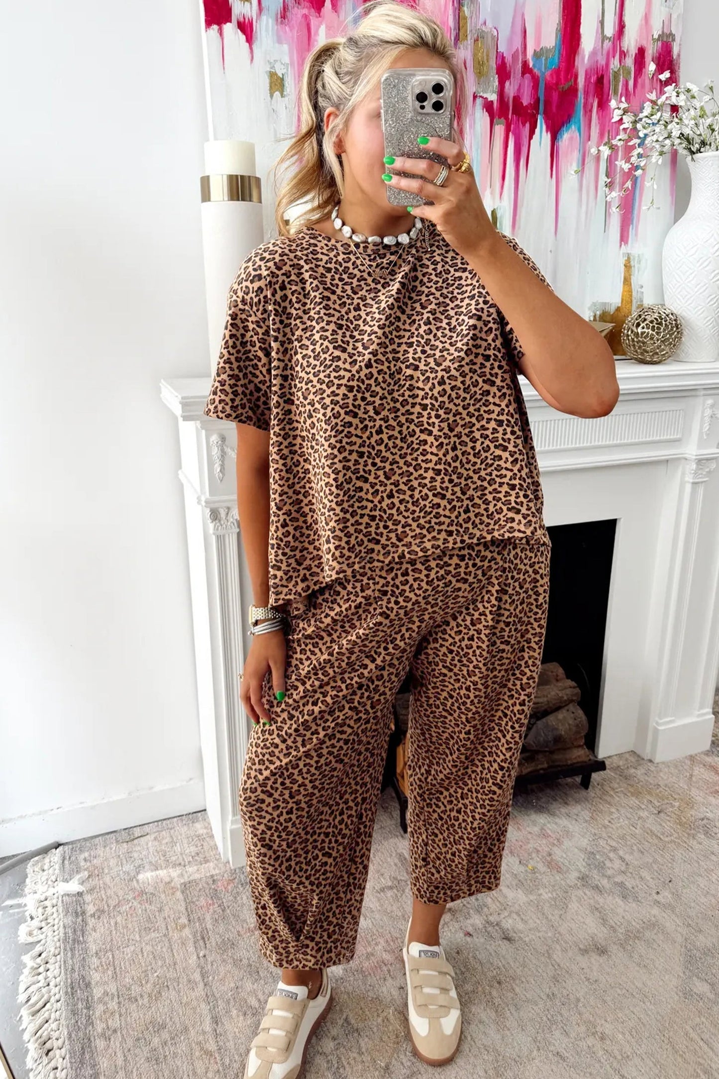 White Leopard High-Low Loose Tee Ankle Length Pants Set