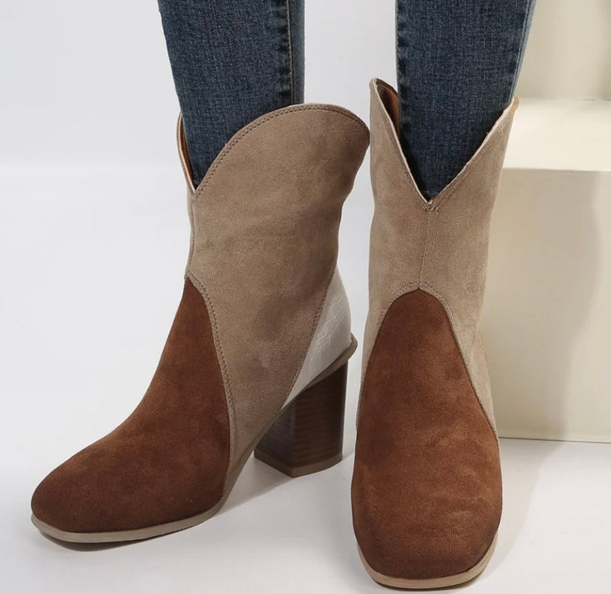 Suede Square Toe Block Heel Boots