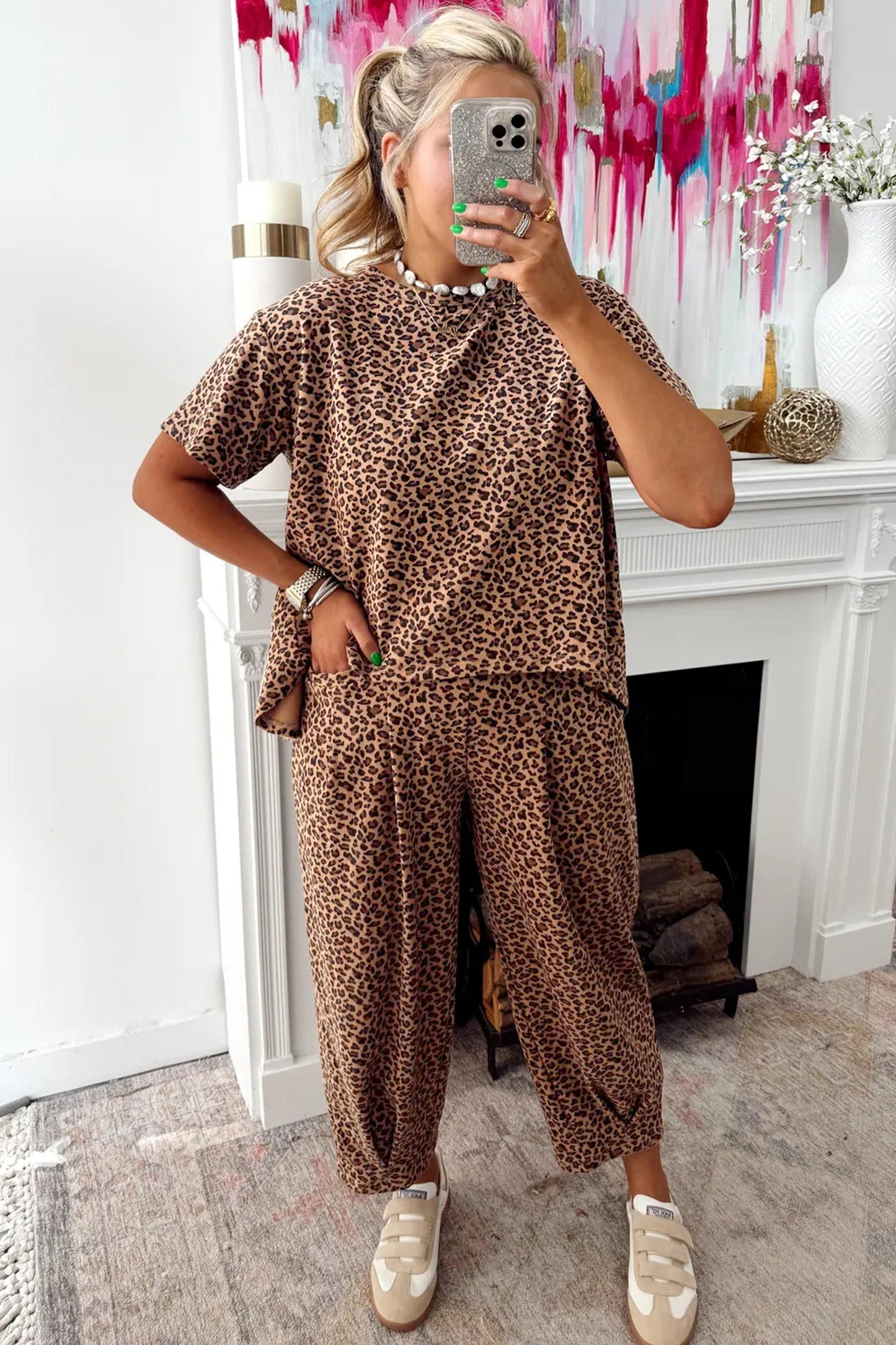 White Leopard High-Low Loose Tee Ankle Length Pants Set