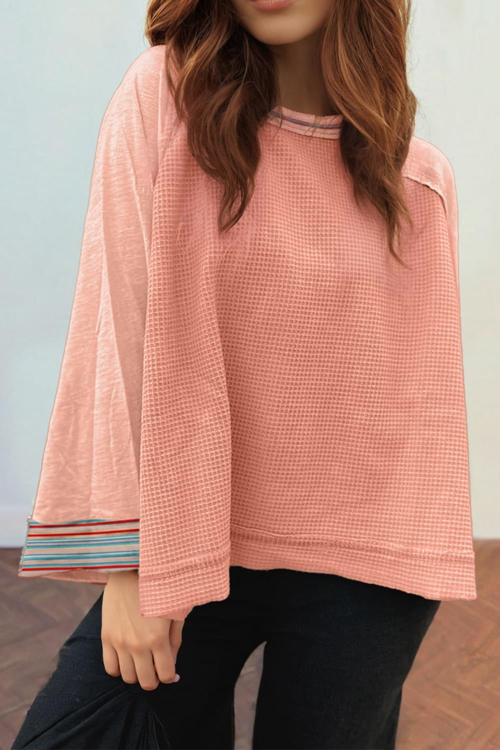 Orange Waffle Knit 
wide sleeve Raglan top