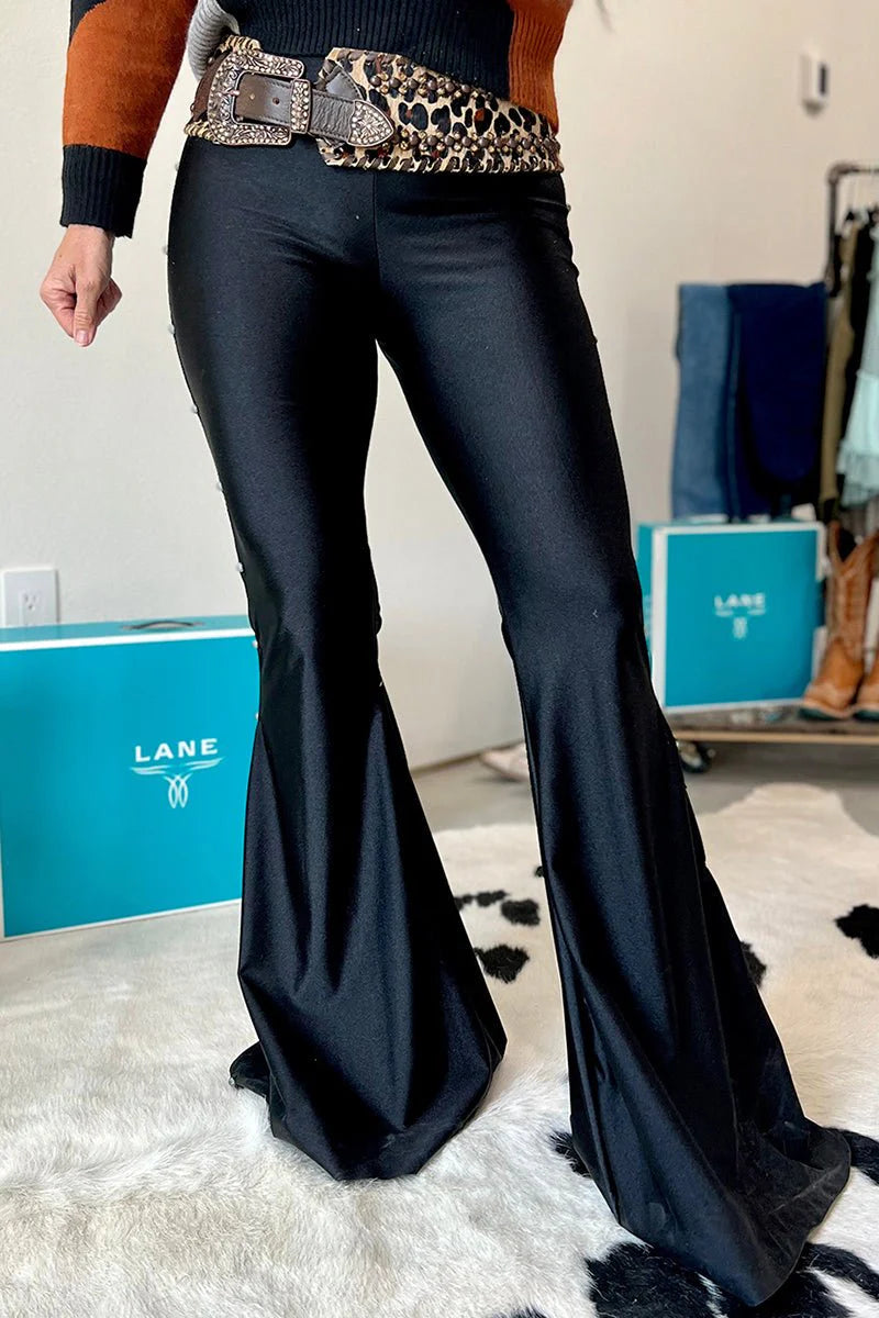 READY TO ROCK BLACK BEADED HIGH WAIST FLARED PANTS **SHIPPING EXPECTED TO BEGIN ON DATE 8/30**