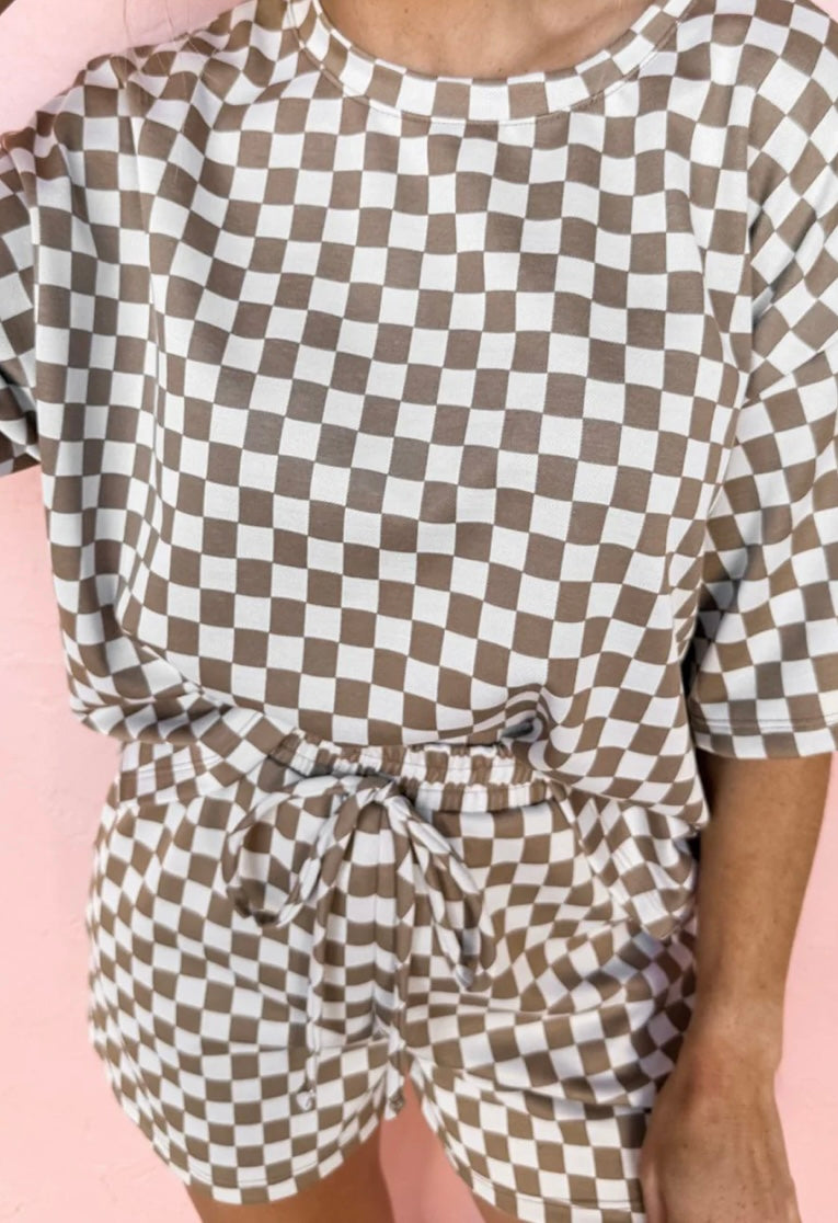 Checkered Round Neck Top and Shorts Set