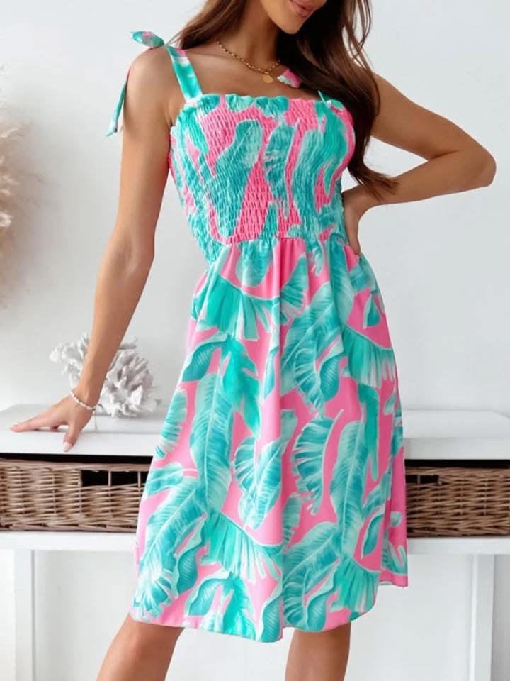Floral Smocked Bodice Tie Shoulder Summer Dress