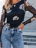 Floral Mesh Lettuce Edge Ruched Slim Long Sleeve Top