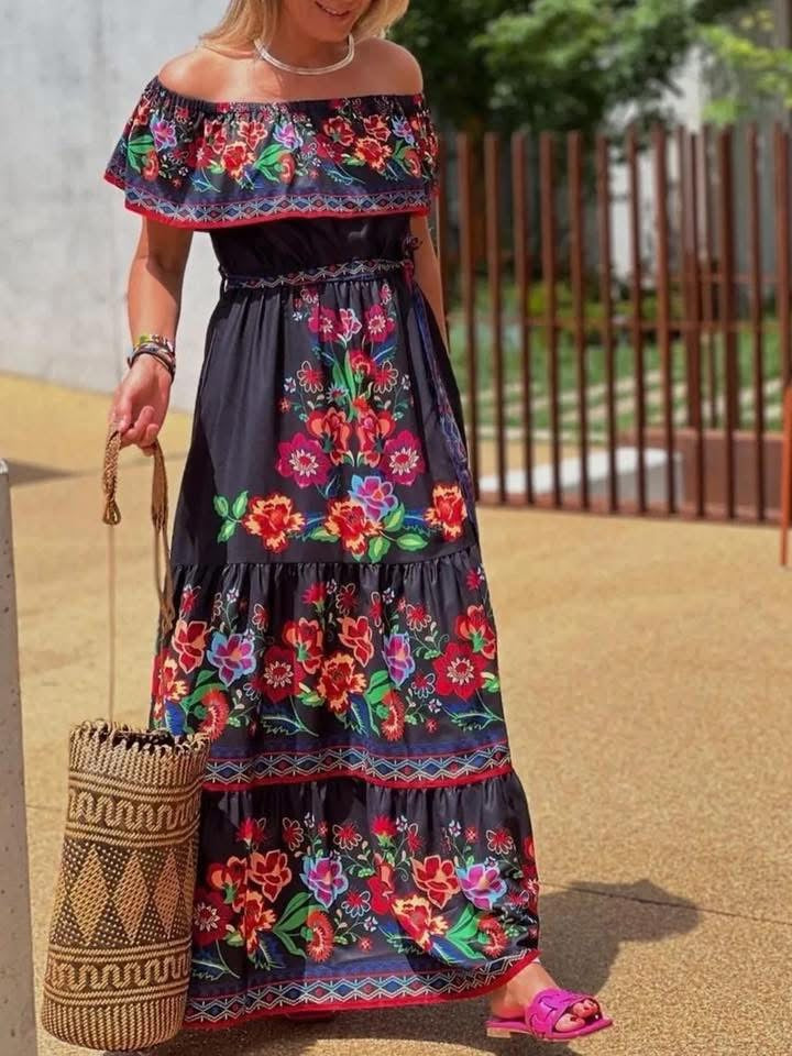 Floral Off Shoulder Ruffle Maxi Dress
