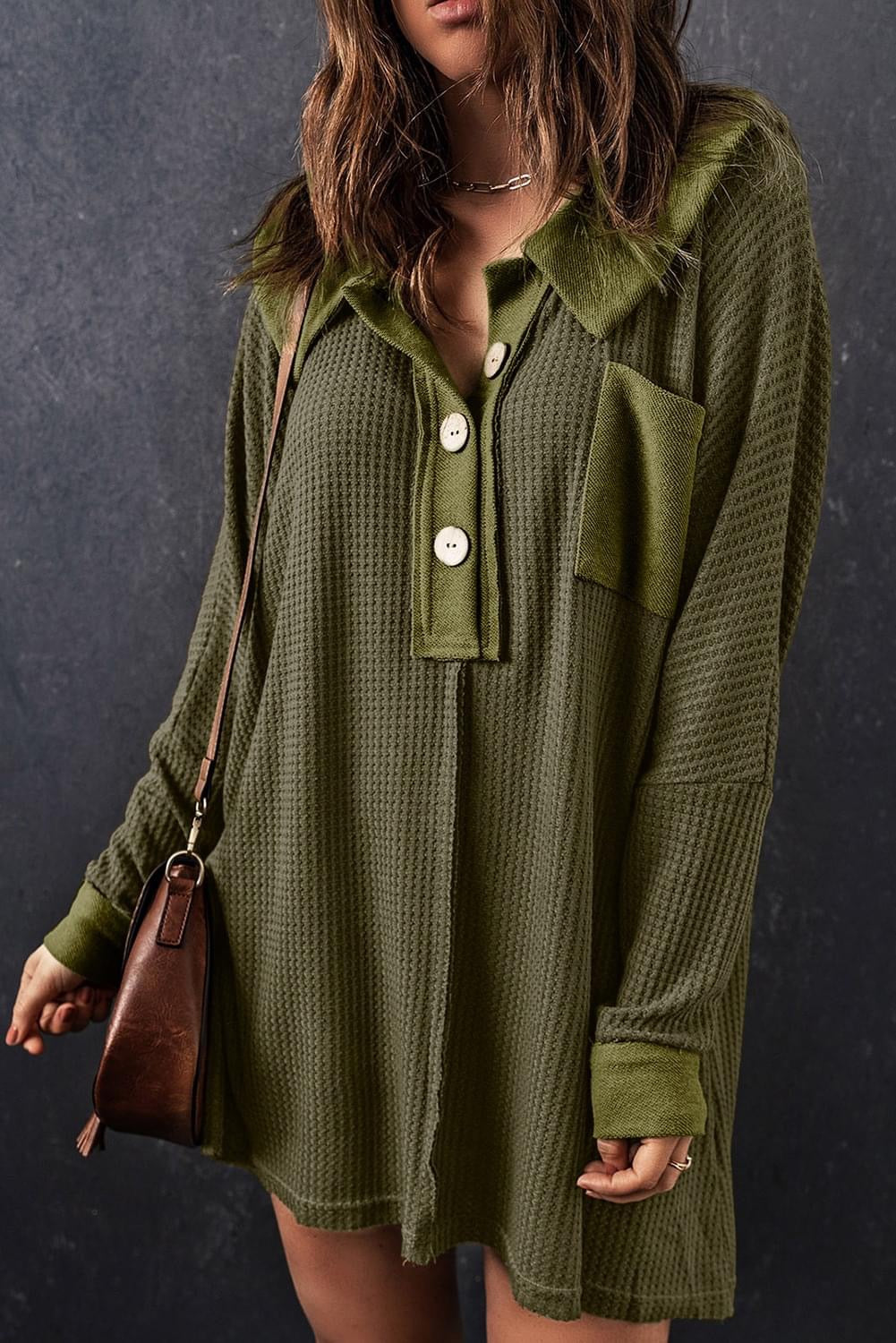 Waffle Knit Buttoned Long Sleeve Top
