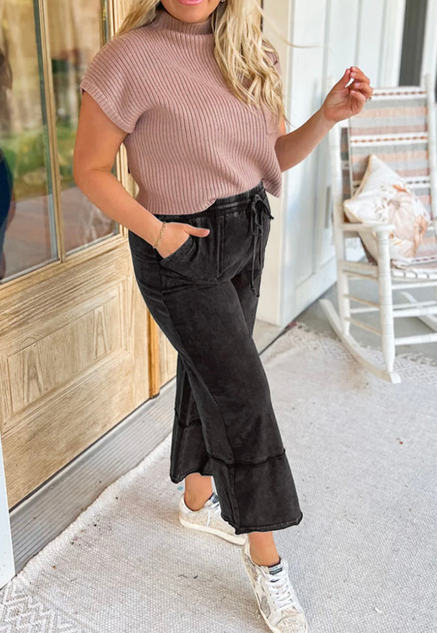 Plus size Wash Exposed Seam Wide Leg Cropped Pants