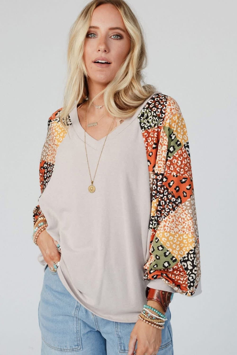Patchwork V Neck Loose Top