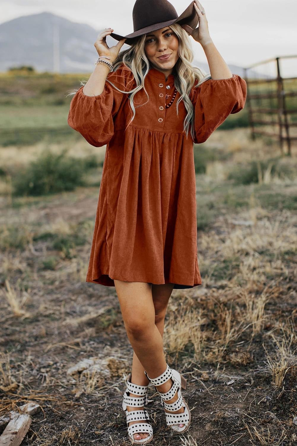 Complete Satisfaction Corduroy Snap Buttons Bracelet Sleeve Dress
