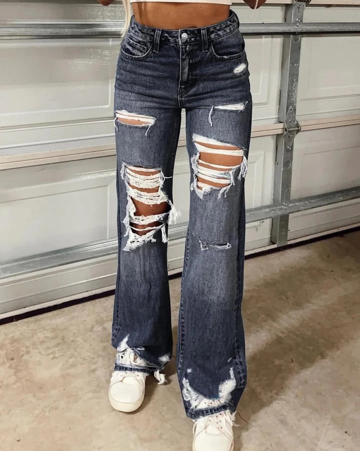 High Rise Ripped Straight Jeans