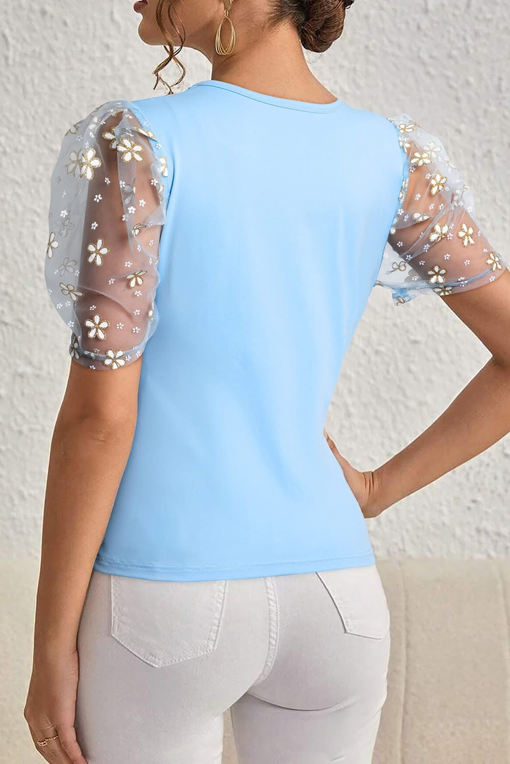 Beau Blue Floral Mesh Puff Sleeve Top