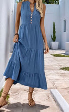 Load image into Gallery viewer, Perfee Decorative Button Notched Sleeveless Tiered Dress
