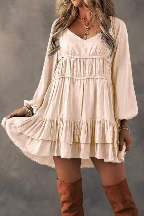 Apricot Tiered Ruffled Puff Sleeve Mini Dress