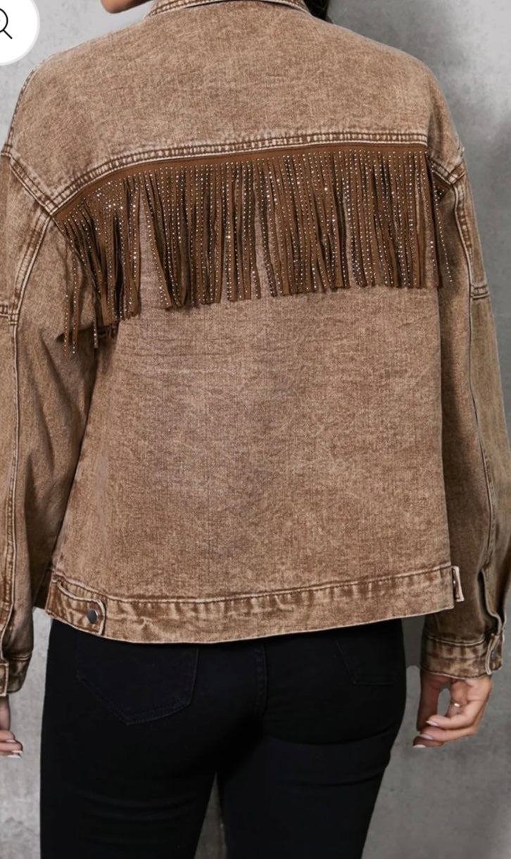 Fringe Trim Snap Down Denim Jacket