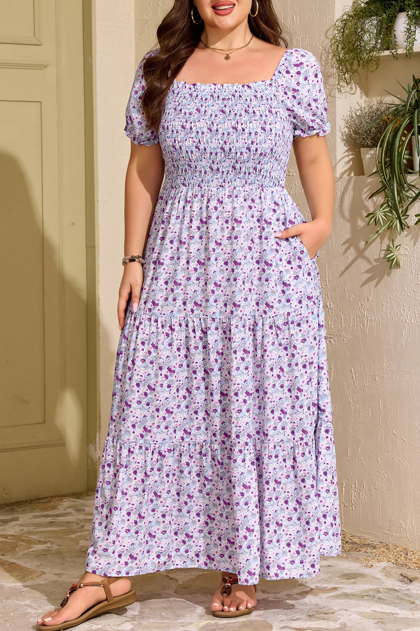 Kelsey Square Smocked Maxi PLUS Dress Threaded Pear