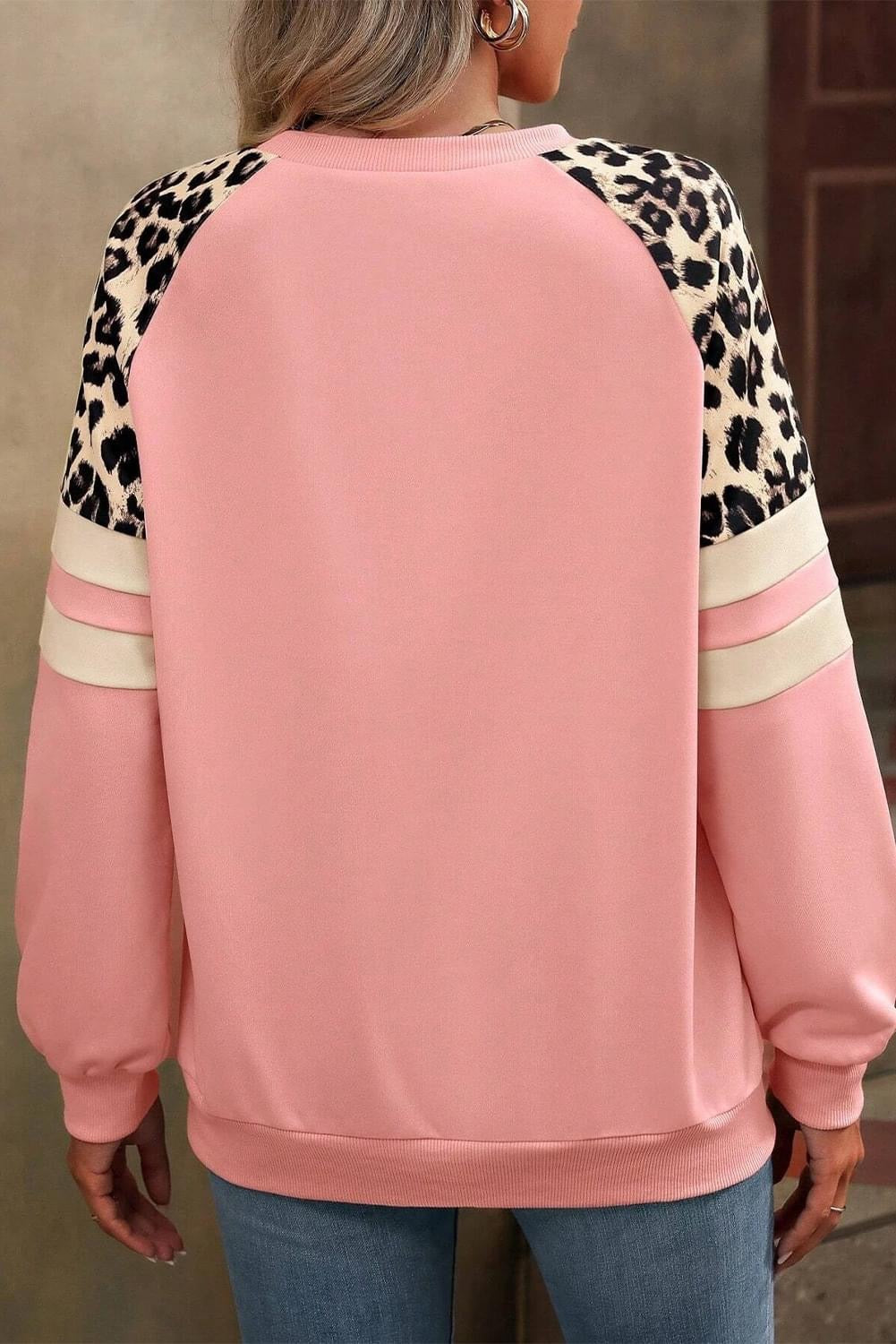 Leopard days Peach Blossom Leopard Print Raglan Sleeve Sweatshirt