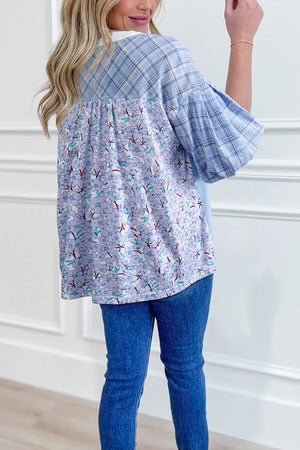 COLORBLOCK CRUSH BEAU BLUE BUBBLE SLEEVE BLOUSE