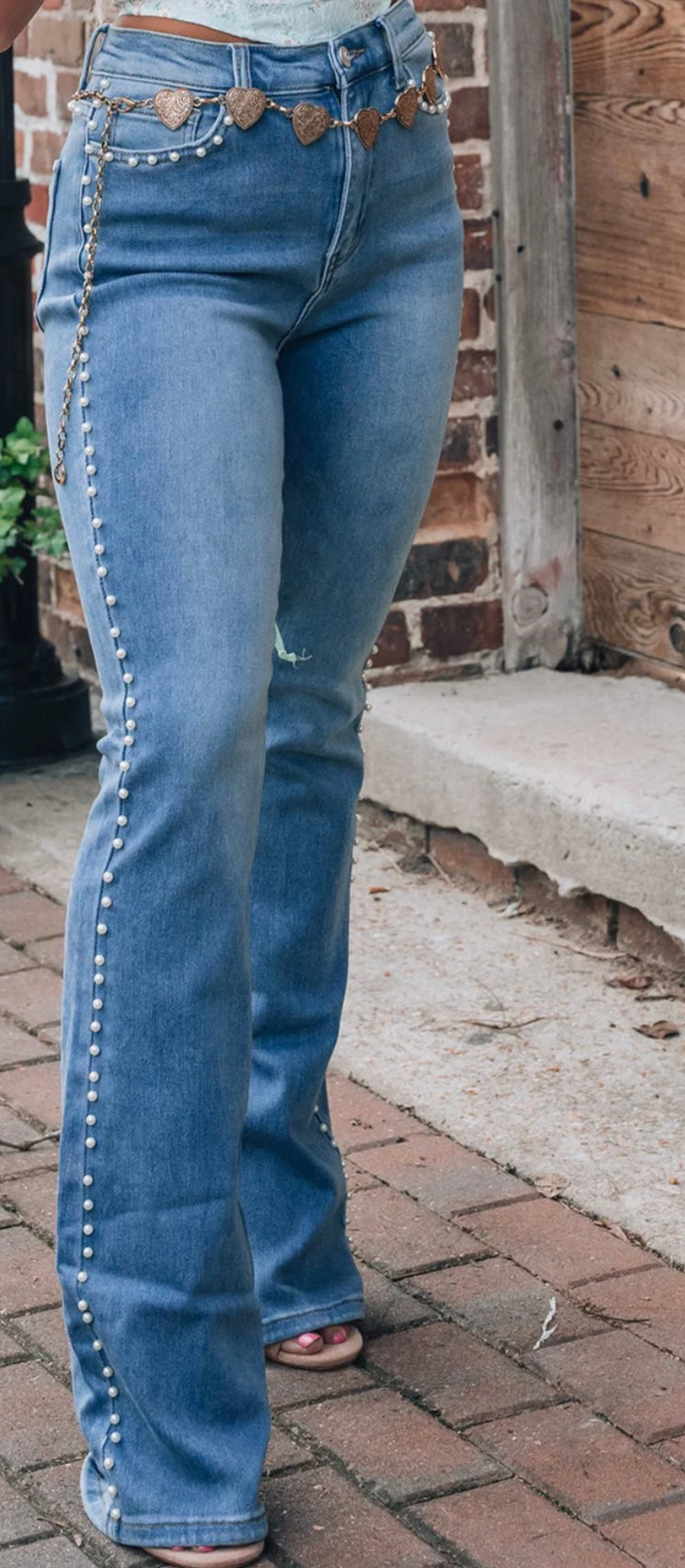 Pearl Trim High Waist Bootcut Jeans