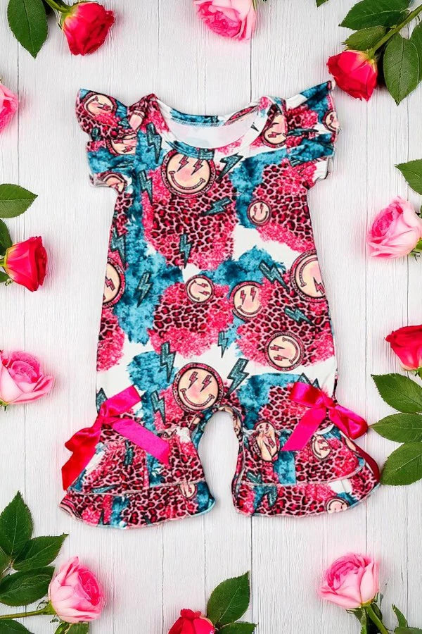 Pink Sm!ley Face leopard baby romper