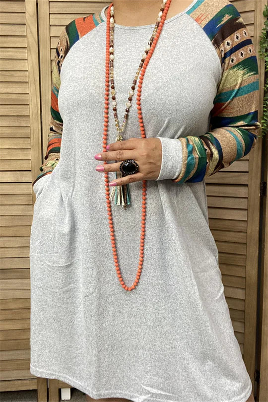 Grey Multi Aztec Sleeve Dress