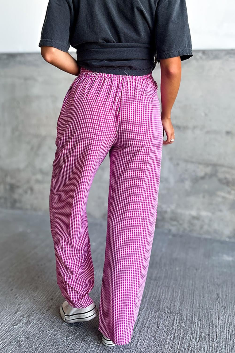 Pink Plaid High Waist Wide Leg Casual Pants