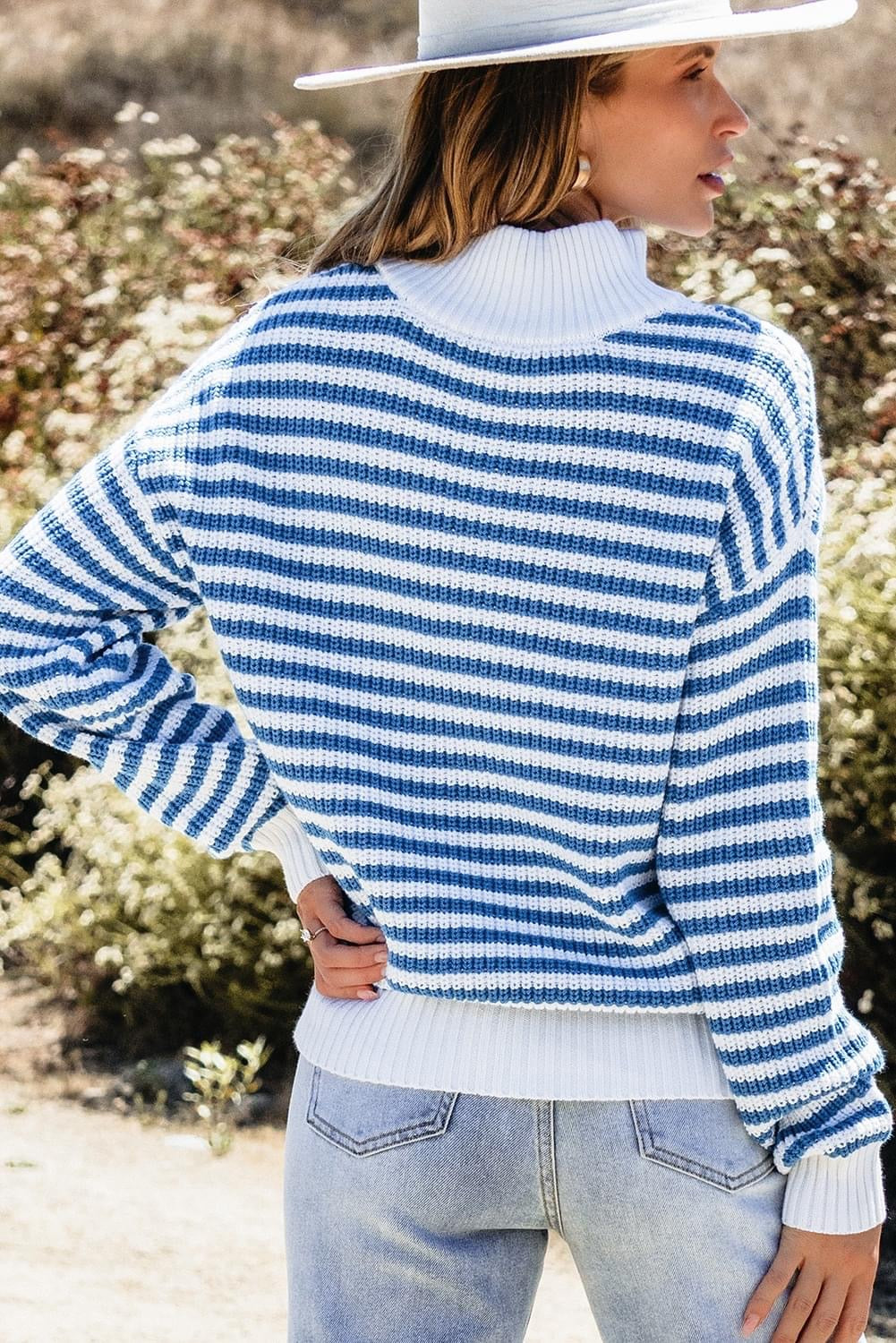Sky Blue Stripe Zip up Collar Sweater