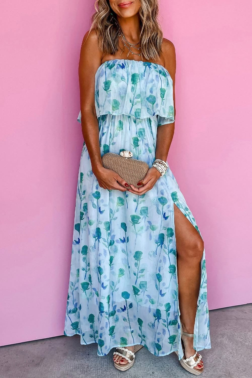 Green Floral Ruffled Side Slit Tube Top Maxi Dress