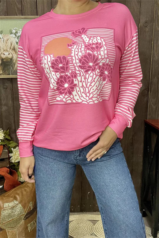 Floral White Pink Striped Long Sleeve Top