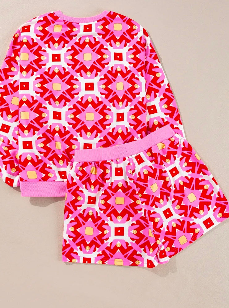 Geometric Round Neck Top and Shorts Set